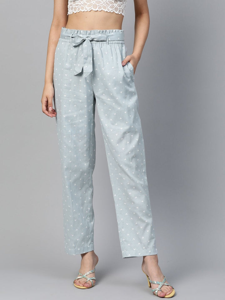 Women's Blue Heart Print Tapered Belted Pants - SASSAFRAS