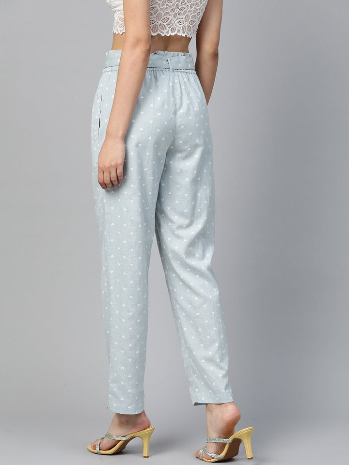 Women's Blue Heart Print Tapered Belted Pants - SASSAFRAS