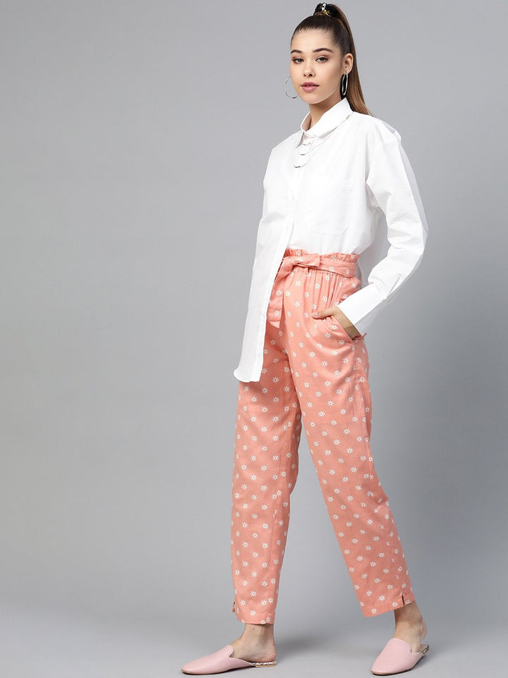 Women's Peach Floral Tapered Belted Pants - SASSAFRAS