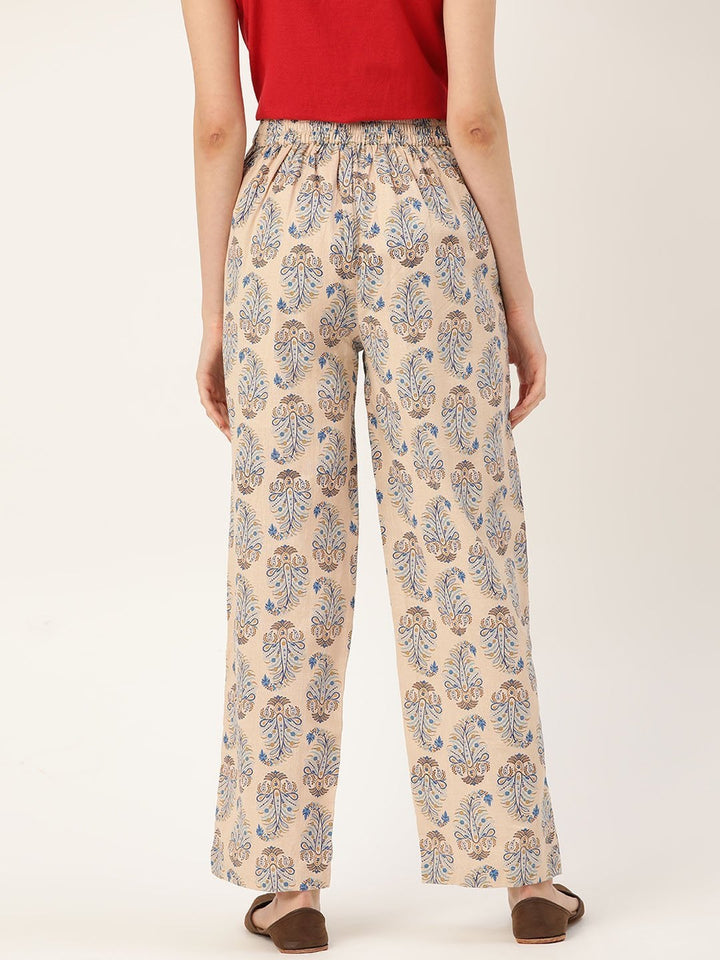 Women's Beige Paisely Side Button Pants - SASSAFRAS