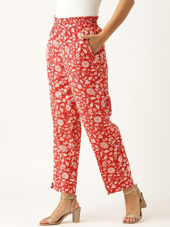 Women's Red Floral Paperbag Tapered Pants - SASSAFRAS