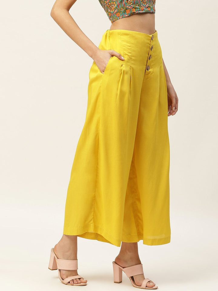 Women's Yellow Front Button Pleated Culottes - SASSAFRAS