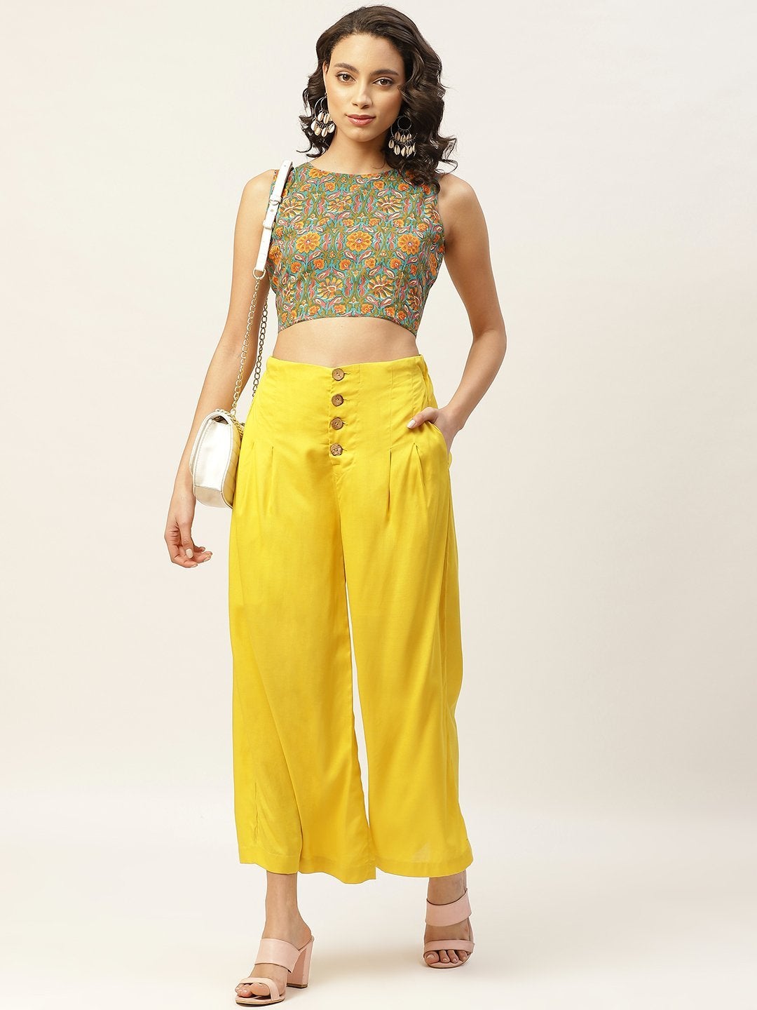 Women's Yellow Front Button Pleated Culottes - SASSAFRAS