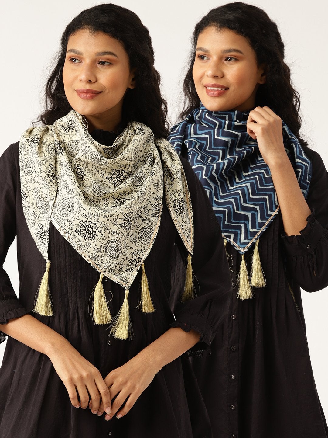 Women's Off White Floral Scarf & Navy Chevron Scarf (Set Of 2) - SASSAFRAS