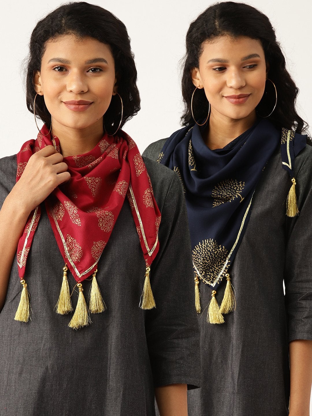 Women's Maroon Floral Scarf & Navy Tree Print Rayon Scarf (Set Of 2) - SASSAFRAS