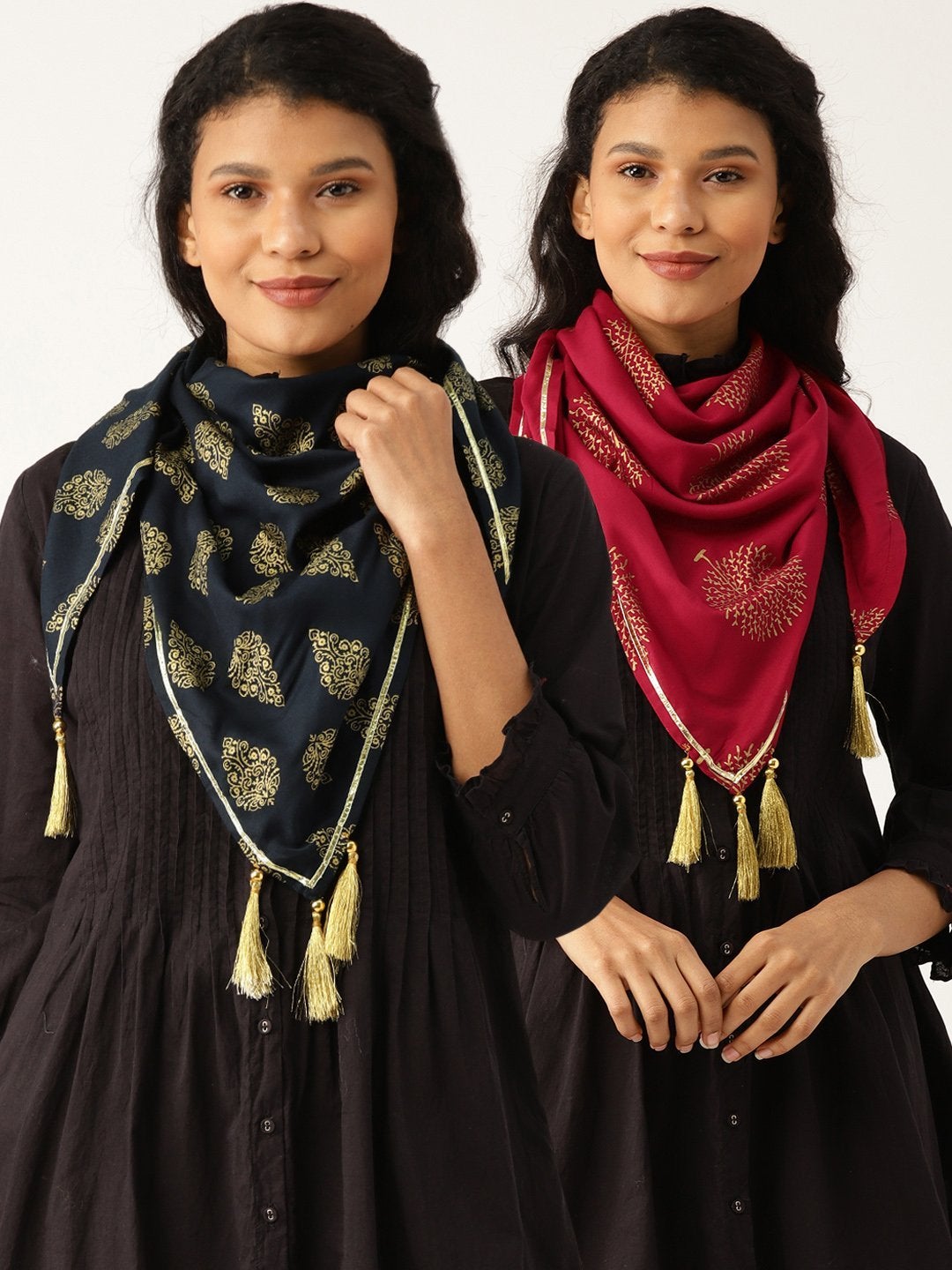 Women's Navy Floral Scarf & Maroon Tree Print Rayon Scarf (Set Of 2) - SASSAFRAS