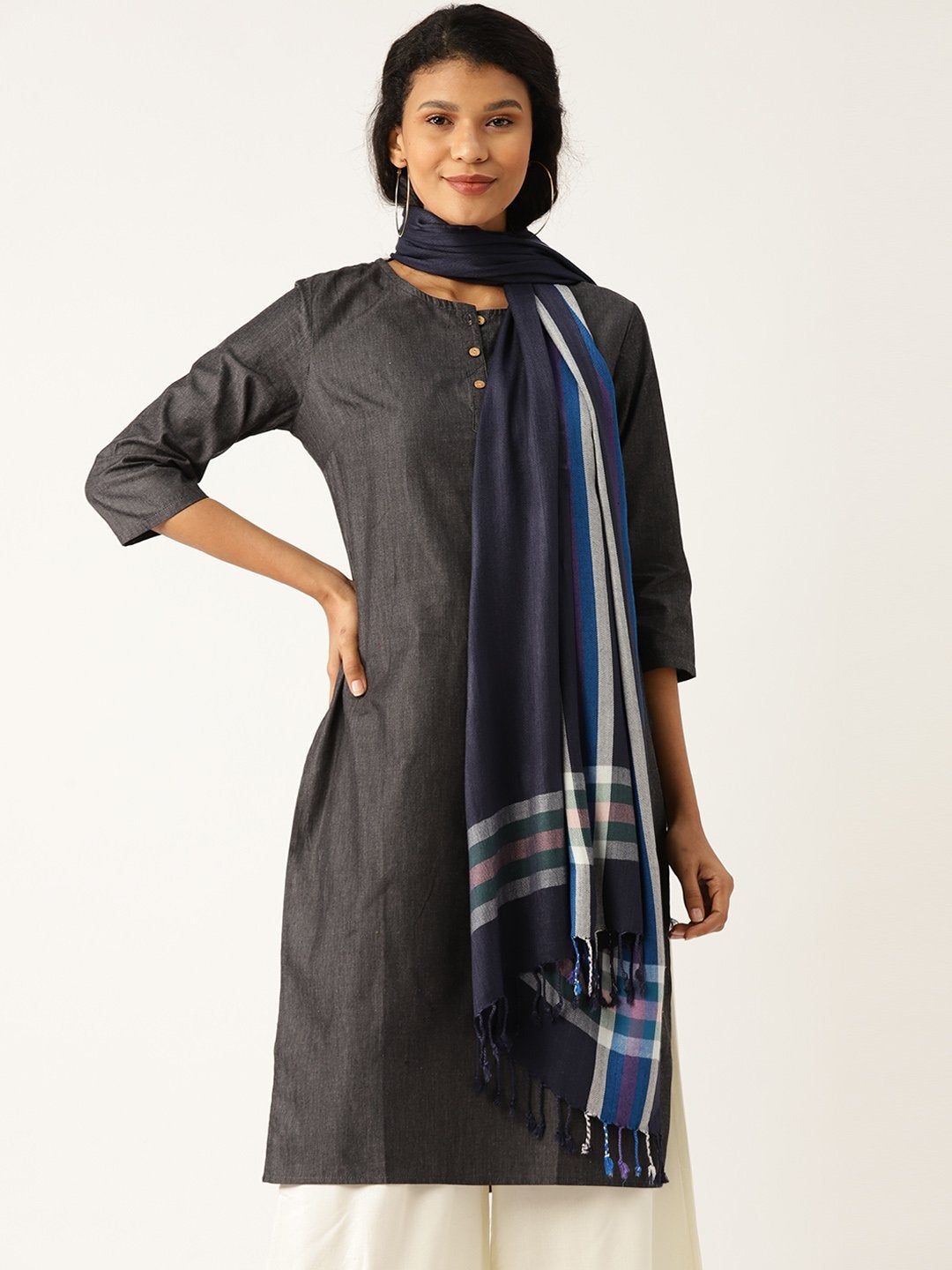 Women's Navy Viscose Border Stole - SASSAFRAS