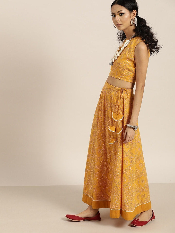 Women's Mustard Bandhej Sleeveless Crop Top With Anarkali Skirt - SHAE