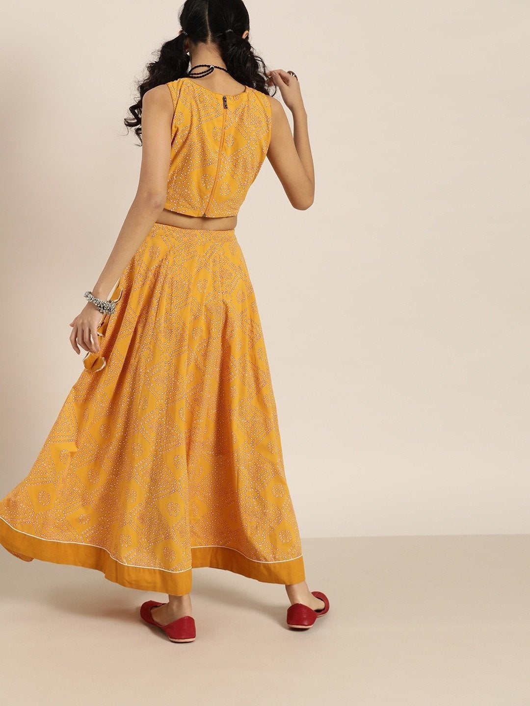 Women's Mustard Bandhej Sleeveless Crop Top With Anarkali Skirt - SHAE