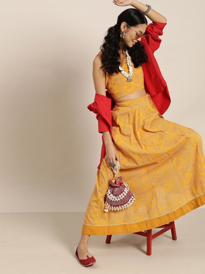 Women's Mustard Bandhej Sleeveless Crop Top With Anarkali Skirt - SHAE