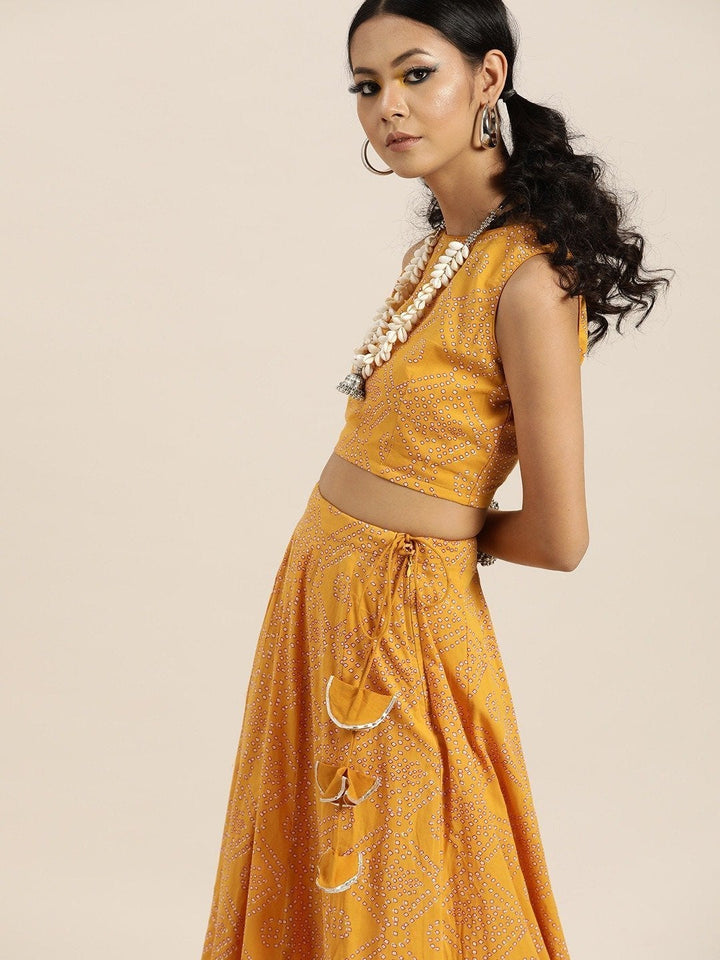 Women's Mustard Bandhej Sleeveless Crop Top With Anarkali Skirt - SHAE