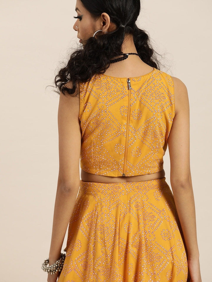 Women's Mustard Bandhej Sleeveless Crop Top With Anarkali Skirt - SHAE