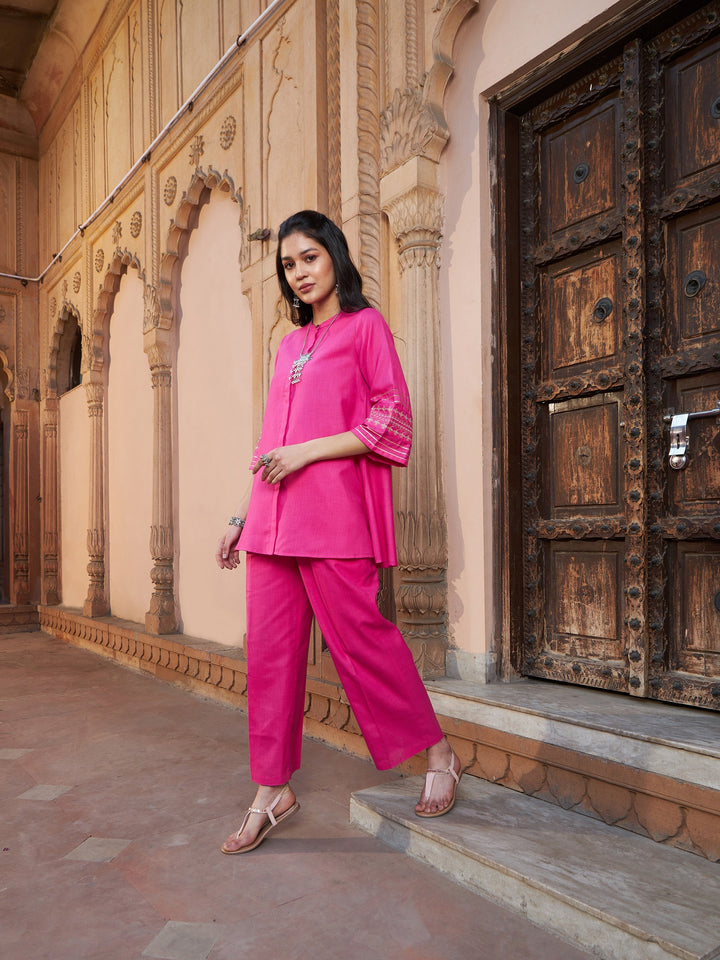 Women's Fuchsia Embroidered Sleeve Shirt Kurti With Palazzos - SASSAFRAS
