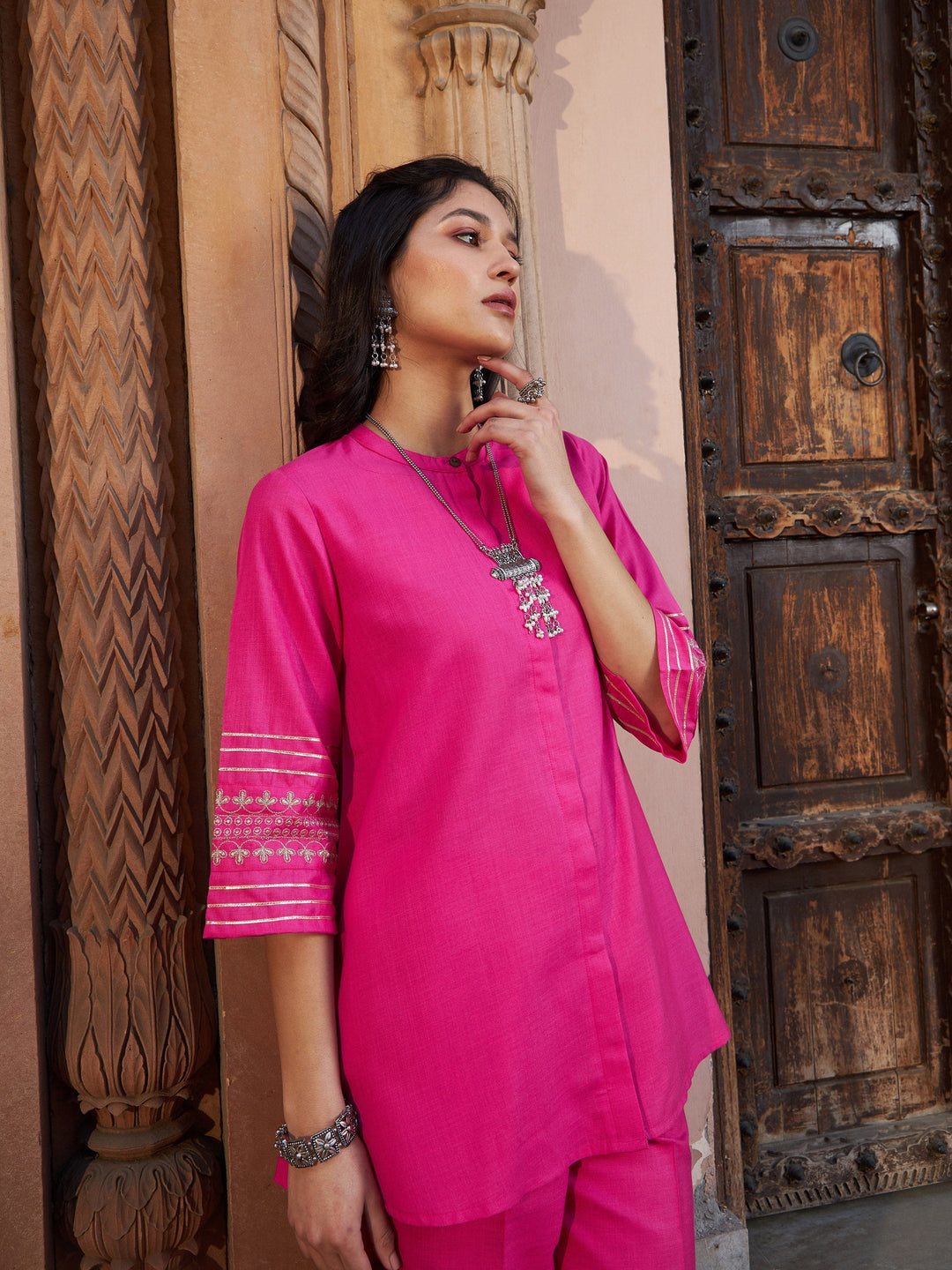 Women's Fuchsia Embroidered Sleeve Shirt Kurti With Palazzos - SASSAFRAS