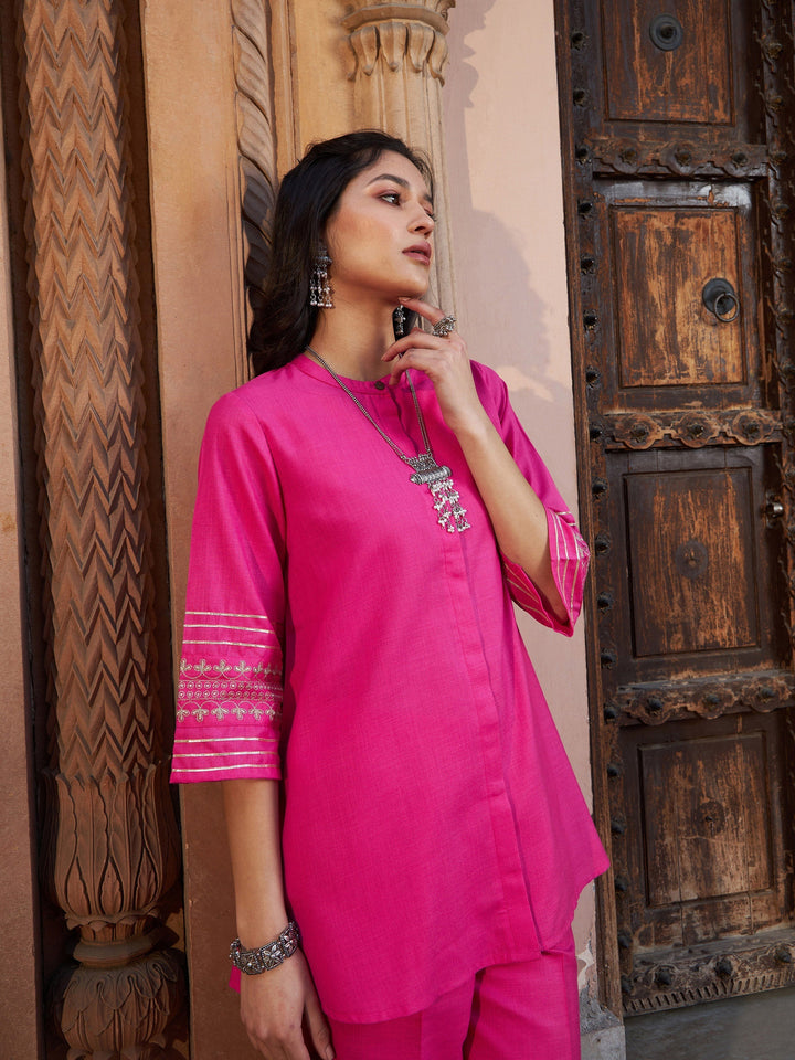 Women's Fuchsia Embroidered Sleeve Shirt Kurti With Palazzos - SASSAFRAS