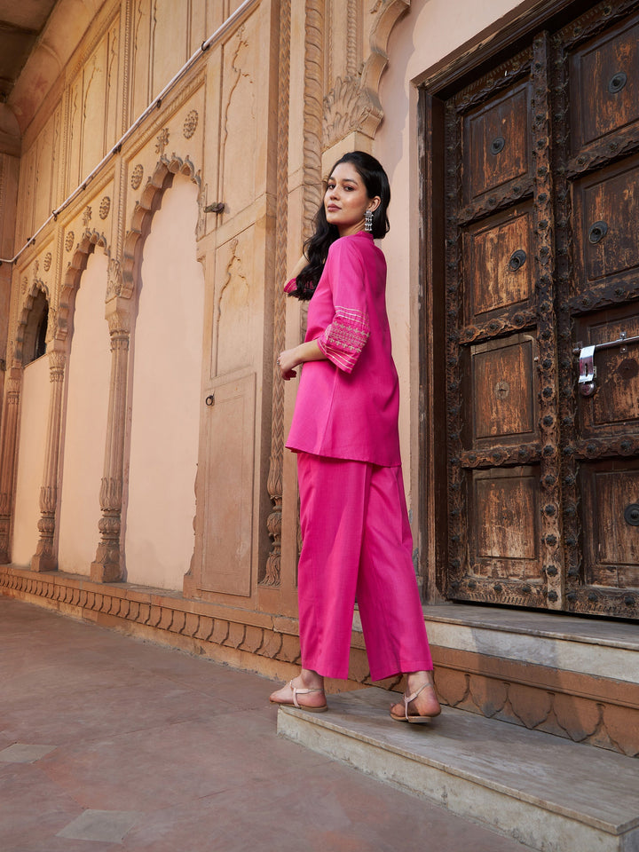 Women's Fuchsia Embroidered Sleeve Shirt Kurti With Palazzos - SASSAFRAS