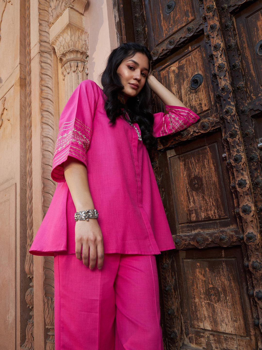 Women's Fuchsia Embroidered Sleeve Shirt Kurti With Palazzos - SASSAFRAS