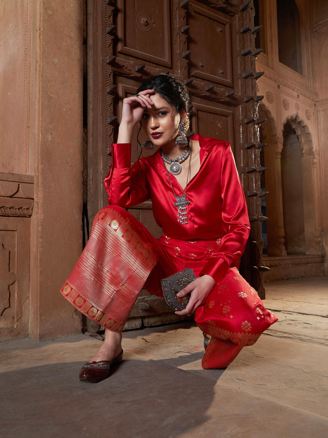 Women's Red Satin Shirt With Brocade Palazzos - SASSAFRAS