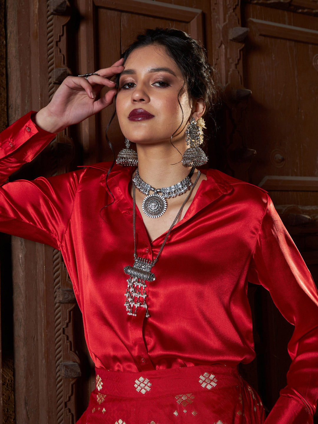 Women's Red Satin Shirt With Brocade Palazzos - SASSAFRAS