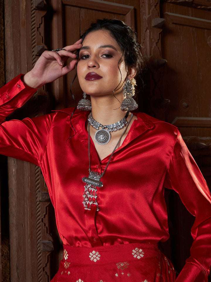 Women's Red Satin Shirt With Brocade Palazzos - SASSAFRAS