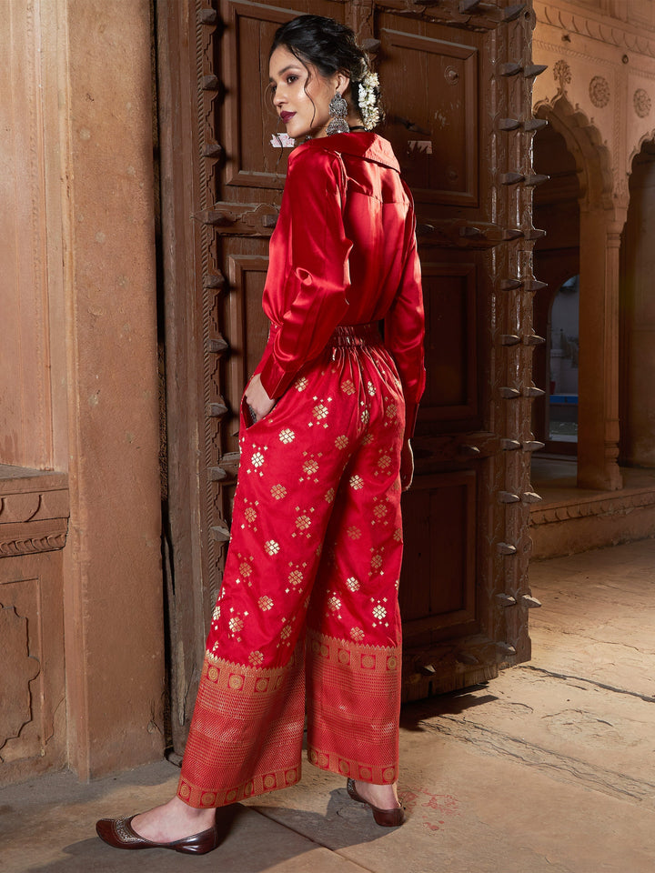 Women's Red Satin Shirt With Brocade Palazzos - SASSAFRAS