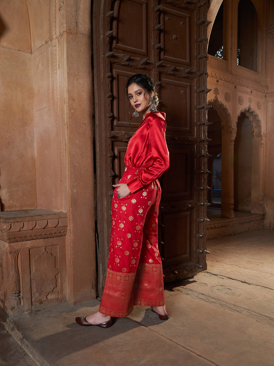 Women's Red Satin Shirt With Brocade Palazzos - SASSAFRAS