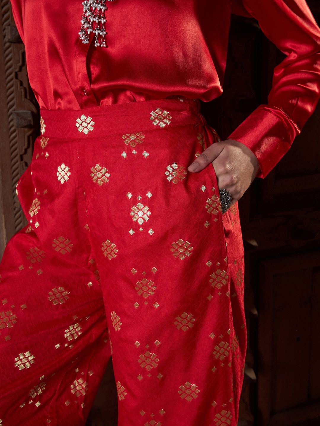 Women's Red Satin Shirt With Brocade Palazzos - SASSAFRAS