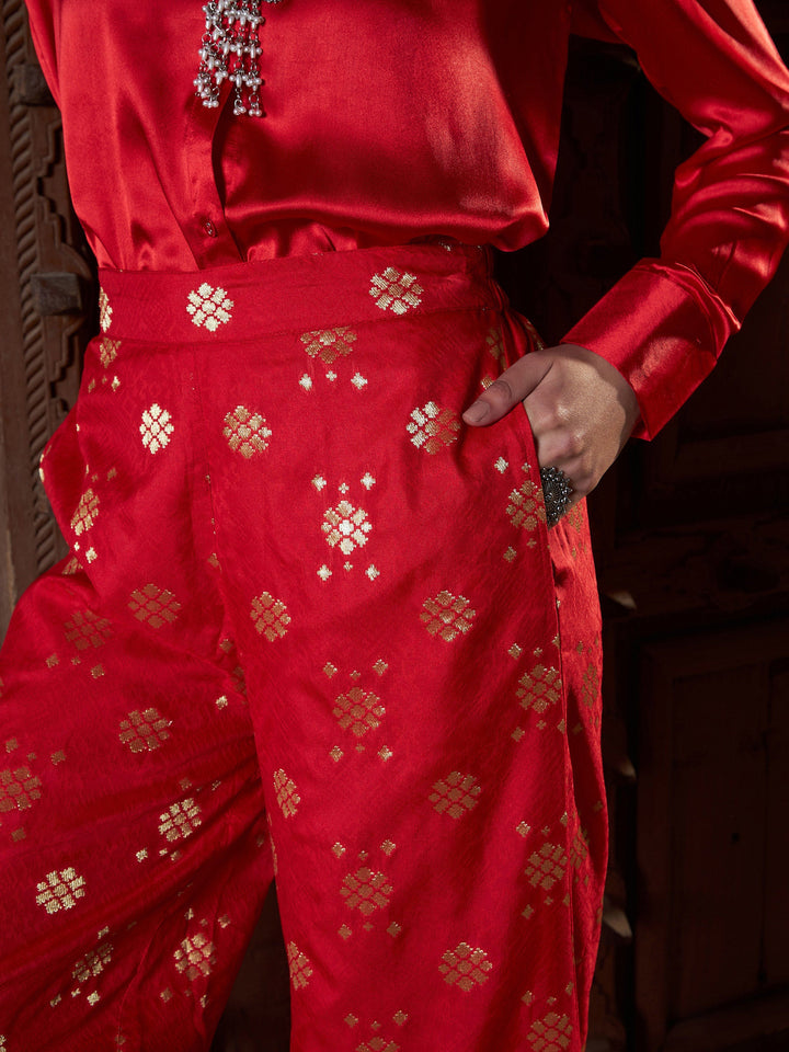 Women's Red Satin Shirt With Brocade Palazzos - SASSAFRAS
