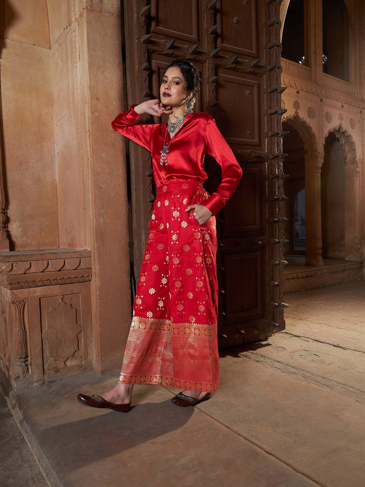 Women's Red Satin Shirt With Brocade Palazzos - SASSAFRAS