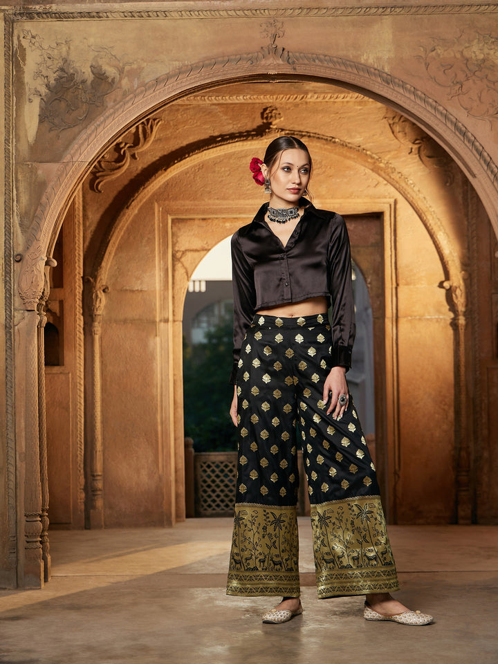 Women's Black Crop Satin Shirt With Brocade Palazzos - SASSAFRAS