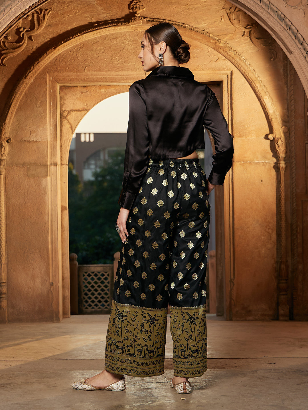 Women's Black Crop Satin Shirt With Brocade Palazzos - SASSAFRAS