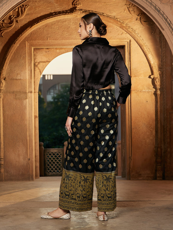 Women's Black Crop Satin Shirt With Brocade Palazzos - SASSAFRAS