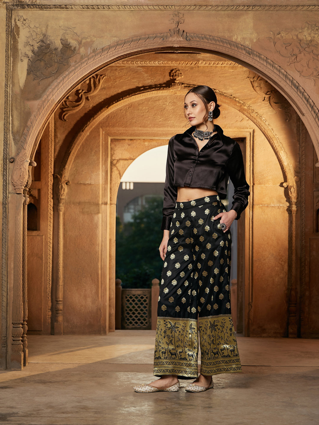Women's Black Crop Satin Shirt With Brocade Palazzos - SASSAFRAS