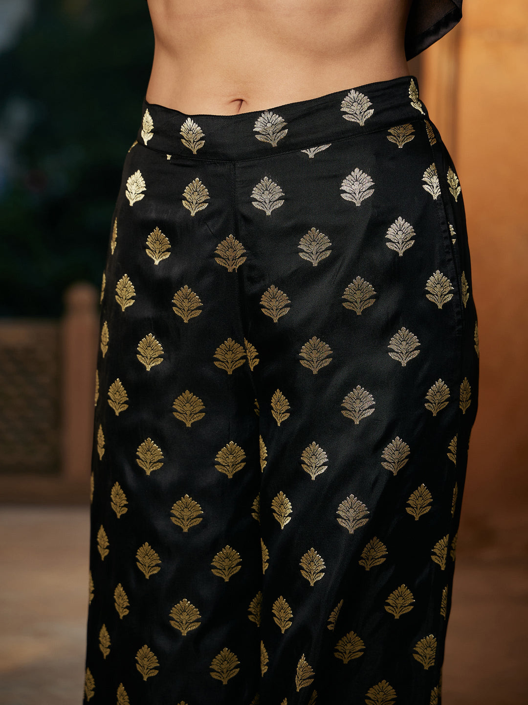 Women's Black Crop Satin Shirt With Brocade Palazzos - SASSAFRAS