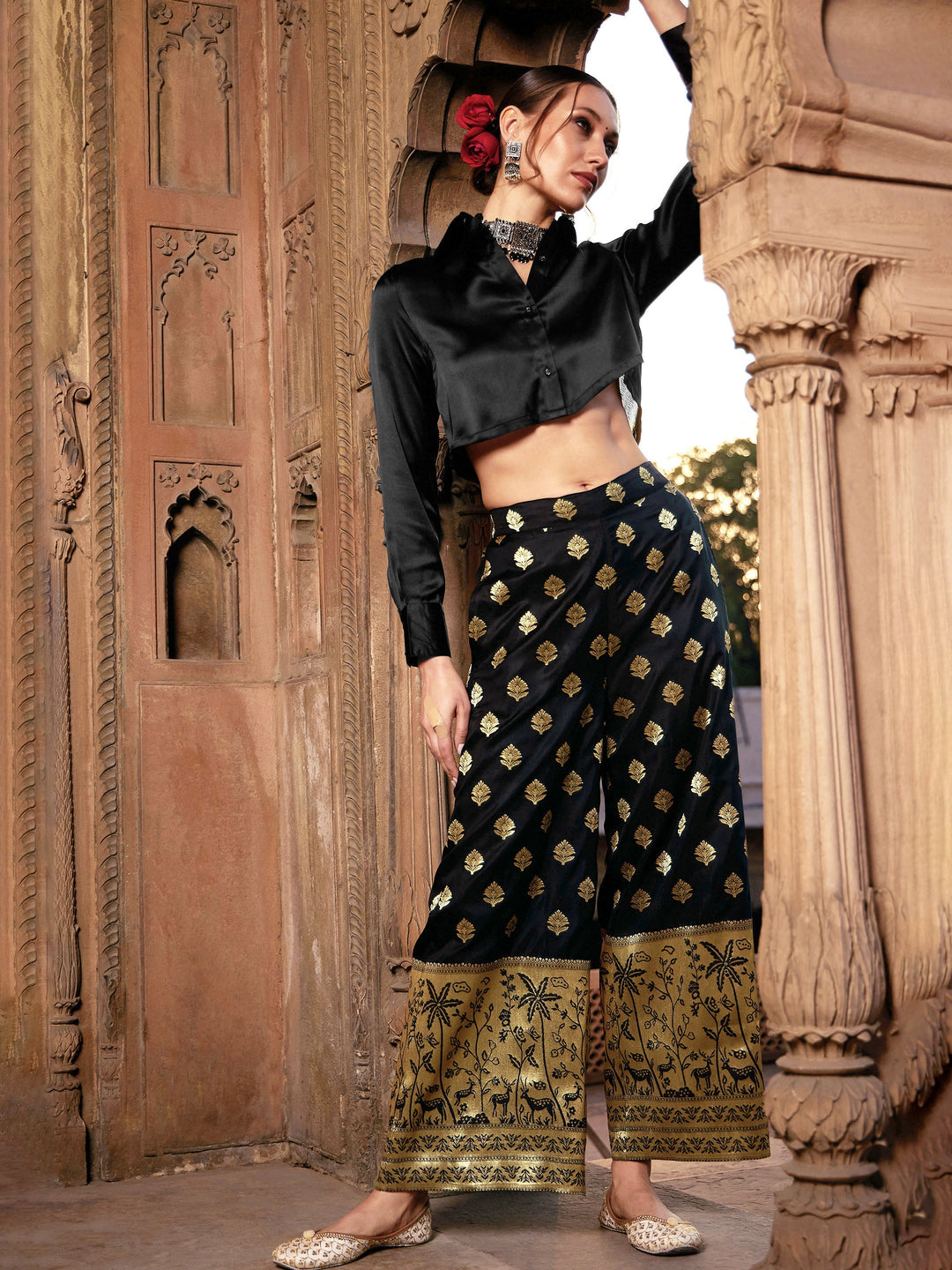 Women's Black Crop Satin Shirt With Brocade Palazzos - SASSAFRAS