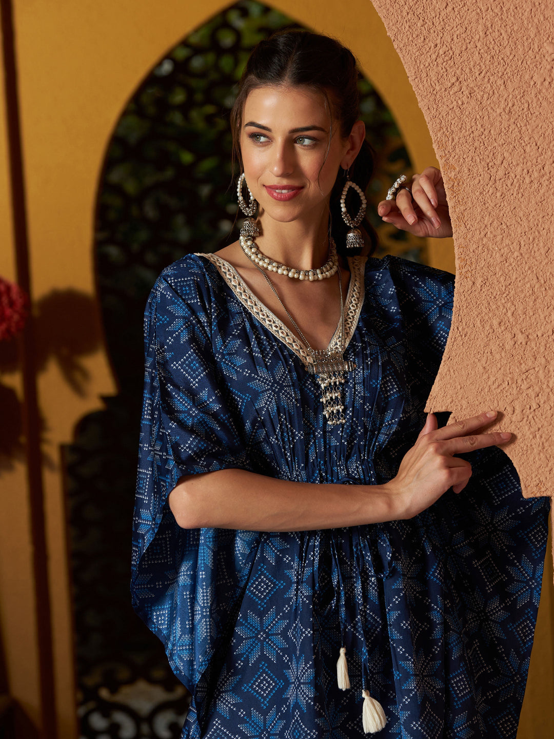 Women's Blue Floral Short Kaftan With Pants - SASSAFRAS