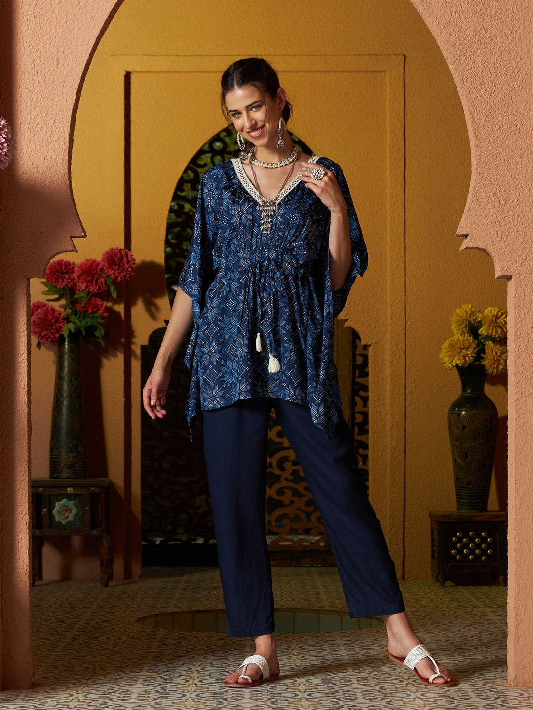 Women's Blue Floral Short Kaftan With Pants - SASSAFRAS