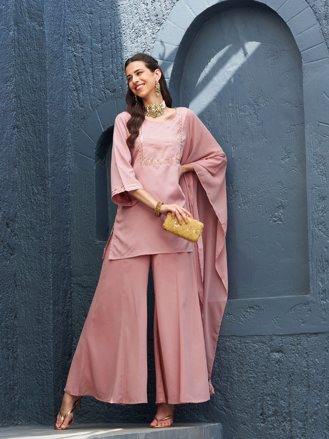 Women's Baked Pink EmbShort Kurta With Palazzo And Dupatta - SASSAFRAS