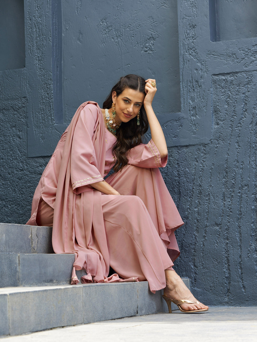 Women's Baked Pink EmbShort Kurta With Palazzo And Dupatta - SASSAFRAS