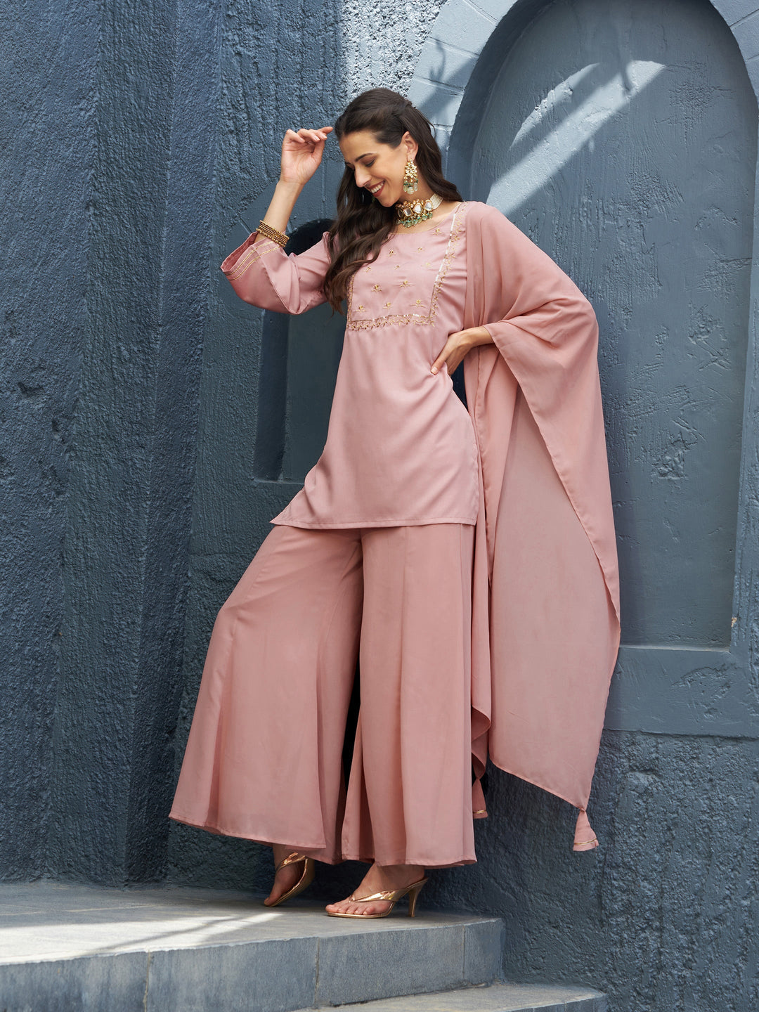 Women's Baked Pink EmbShort Kurta With Palazzo And Dupatta - SASSAFRAS