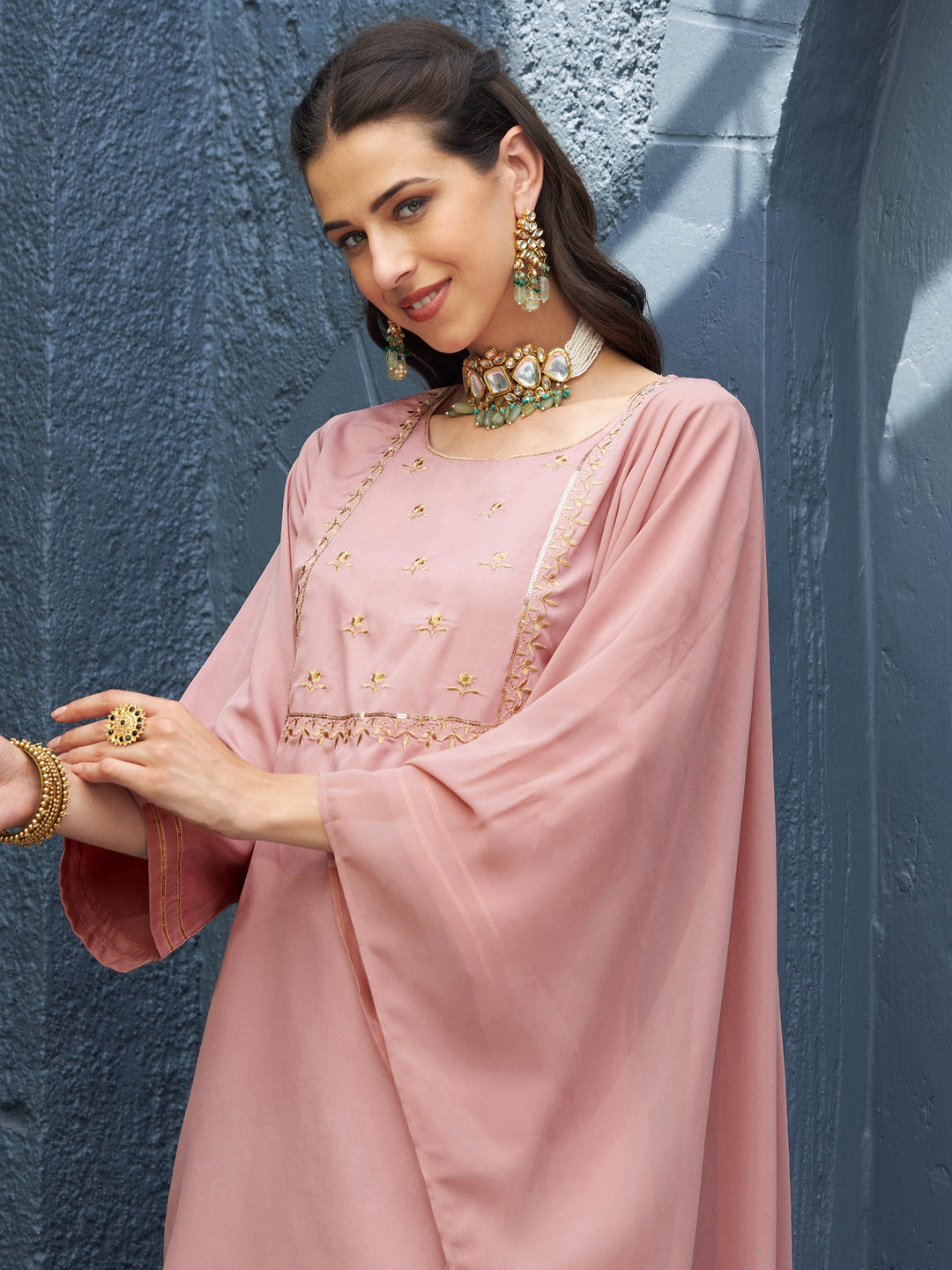 Women's Baked Pink EmbShort Kurta With Palazzo And Dupatta - SASSAFRAS