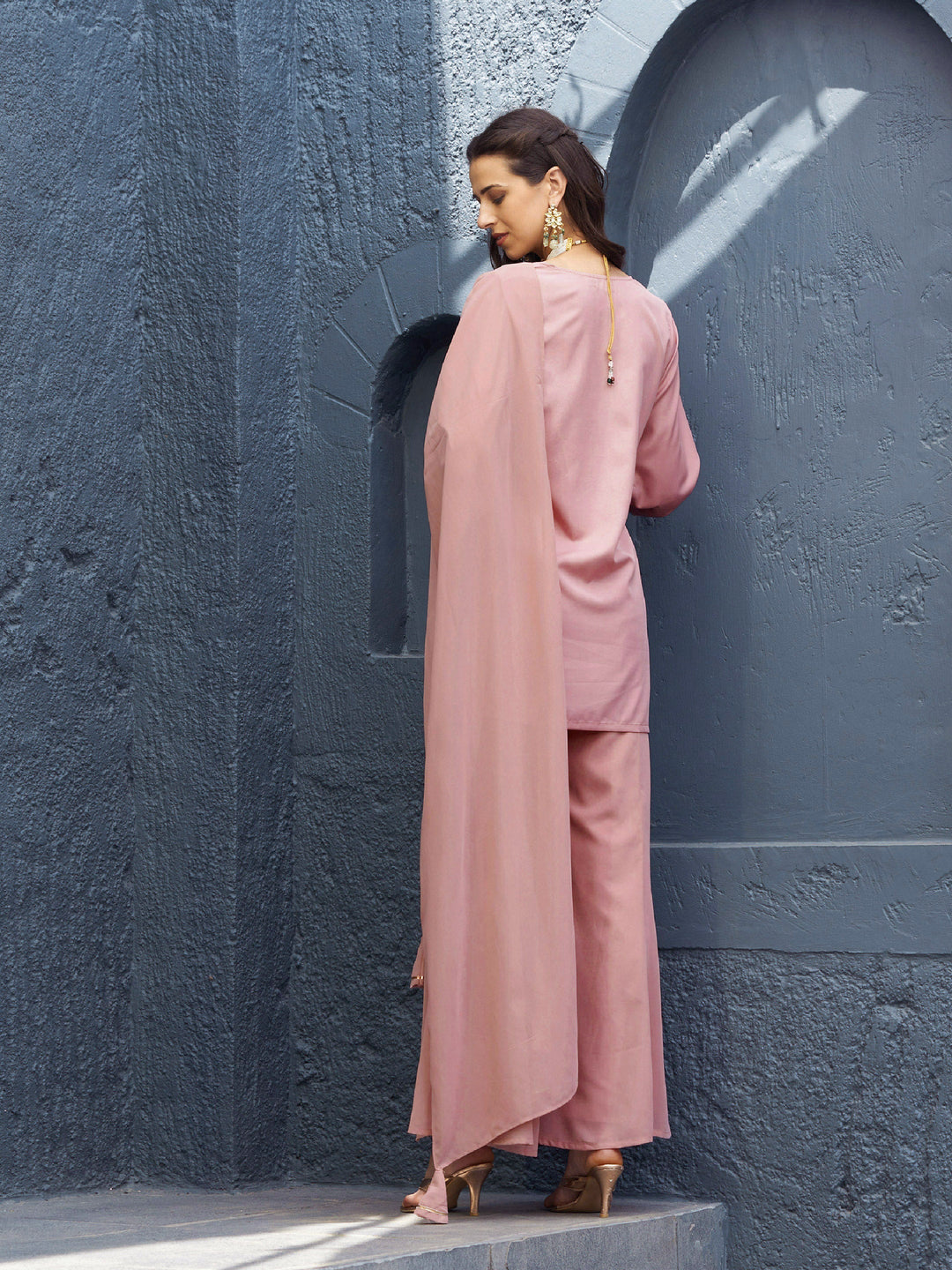 Women's Baked Pink EmbShort Kurta With Palazzo And Dupatta - SASSAFRAS