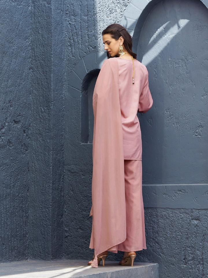Women's Baked Pink EmbShort Kurta With Palazzo And Dupatta - SASSAFRAS