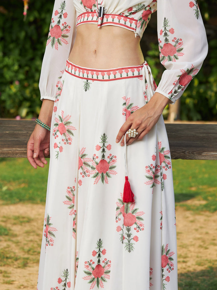 Women's Off White Floral Puff Sleeves Crop Top With Skirt - SASSAFRAS