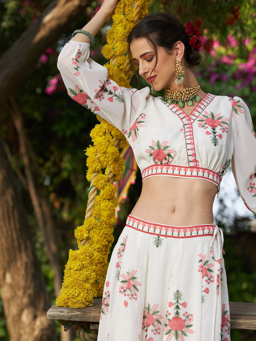 Women's Off White Floral Puff Sleeves Crop Top With Skirt - SASSAFRAS
