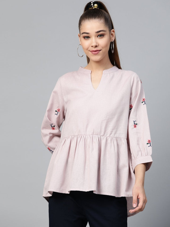 Women's Taupe Embroidery Peplum Top - SASSAFRAS