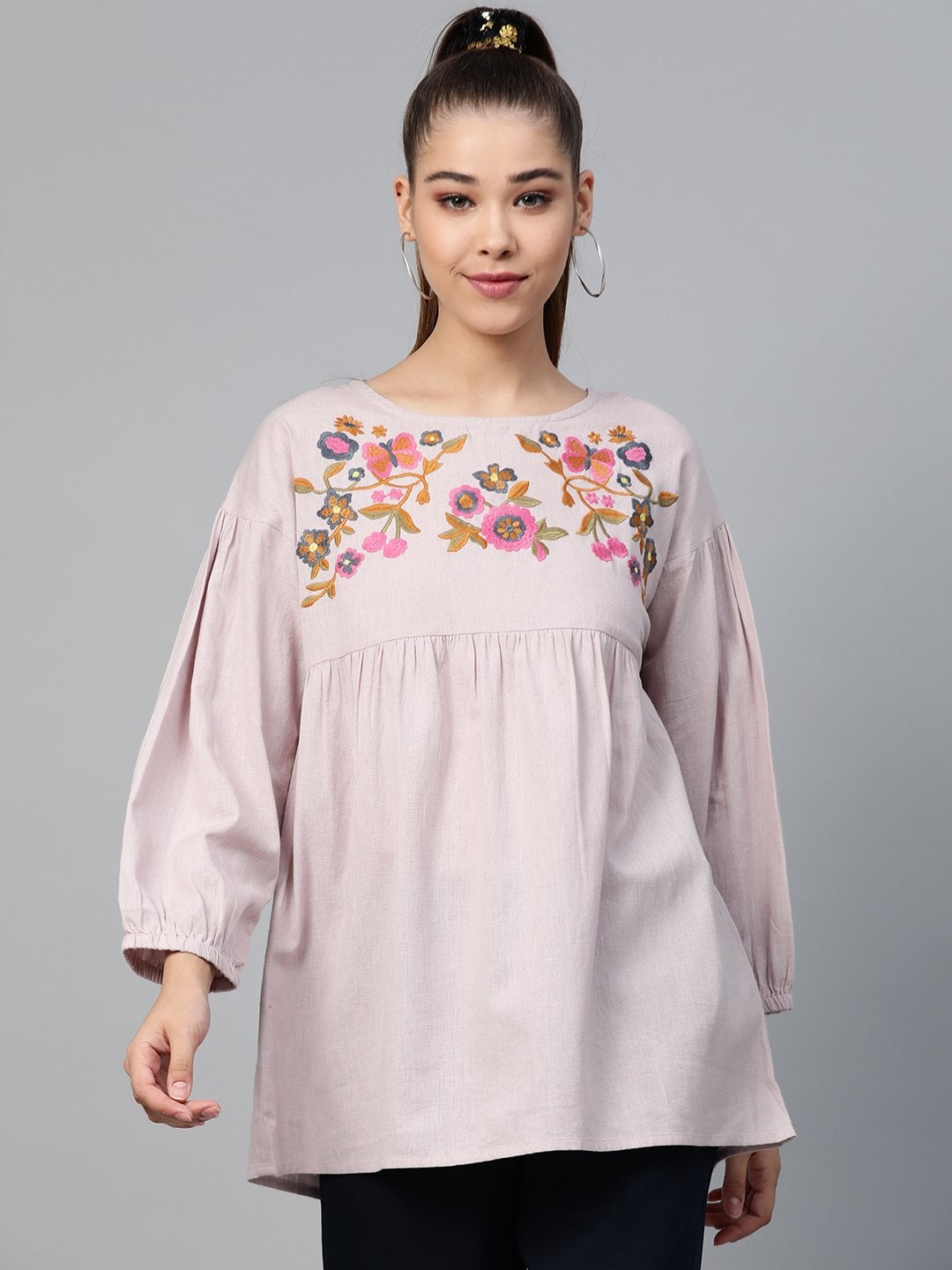 Women's Taupe Yoke Embroidery Top - SASSAFRAS