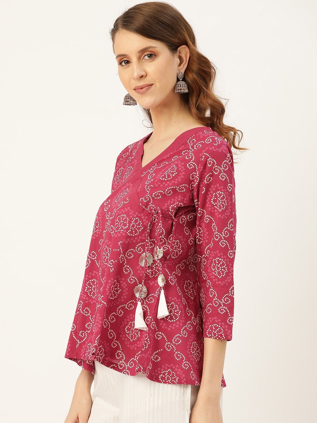 Women's Fuchsia Bandhej Angrakha Top - SASSAFRAS