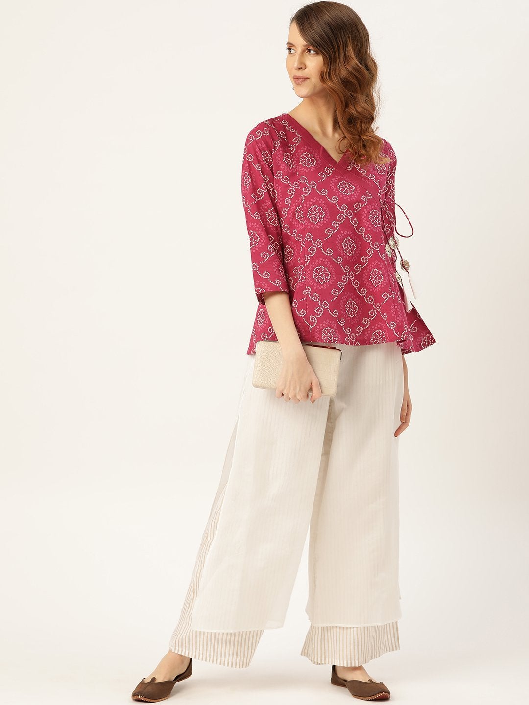 Women's Fuchsia Bandhej Angrakha Top - SASSAFRAS