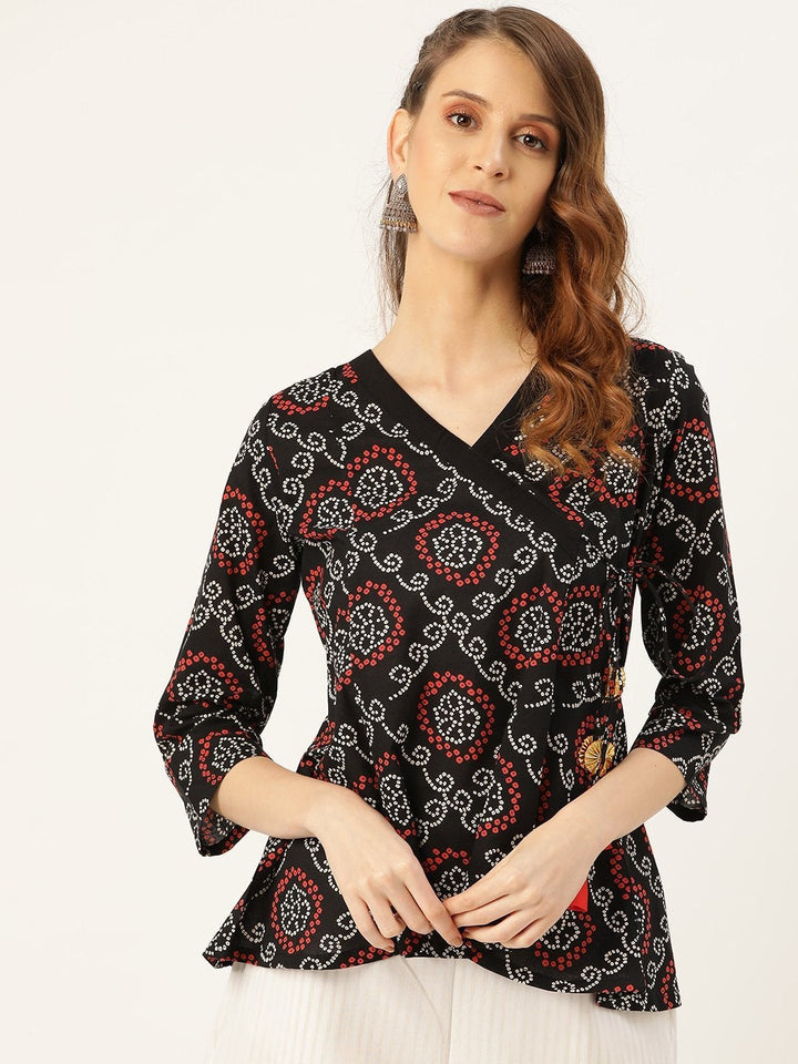 Women's Black Bandhej Angrakha Top - SASSAFRAS
